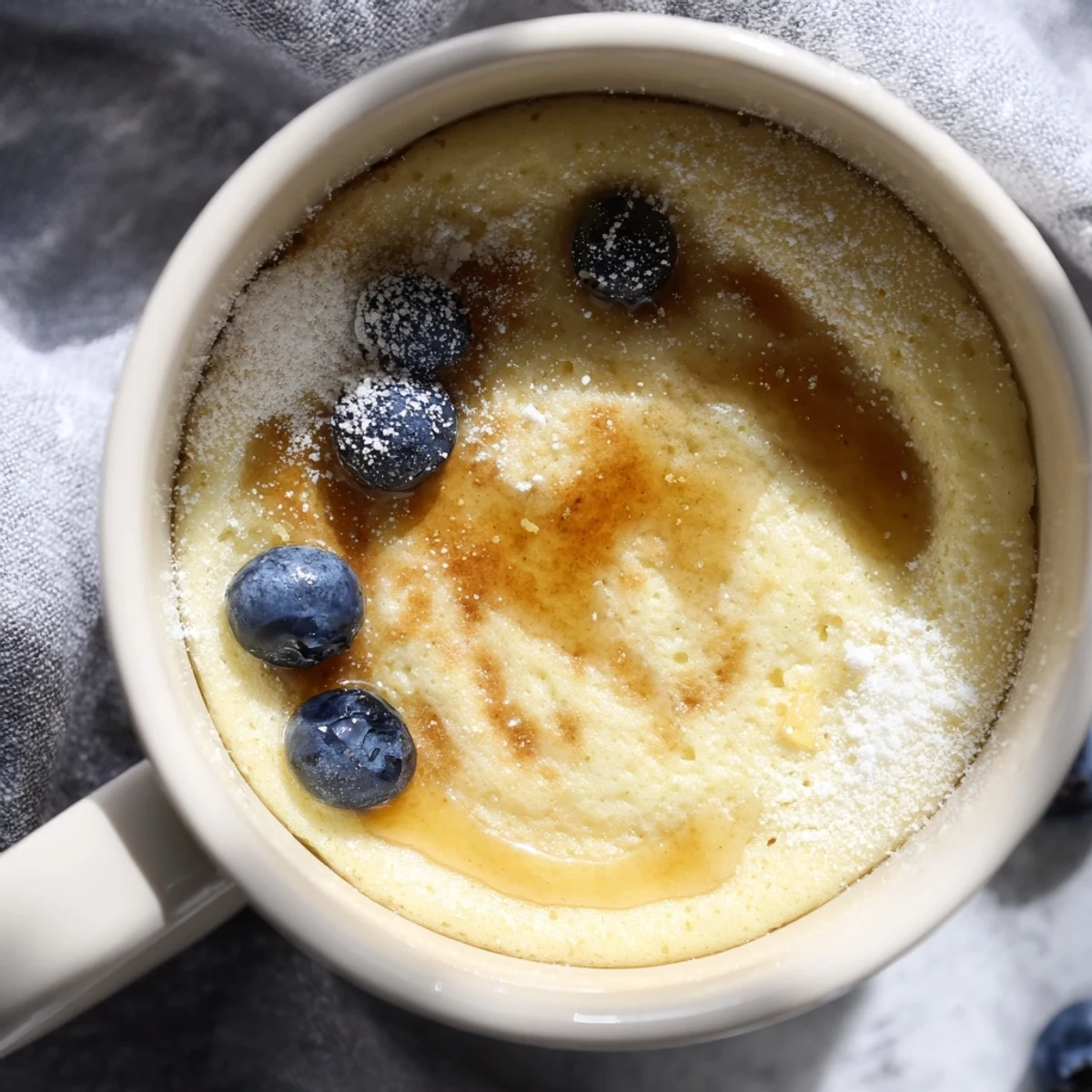 Perfectly golden microwave mug pancake, drizzled with sweet maple syrup and fresh berries.