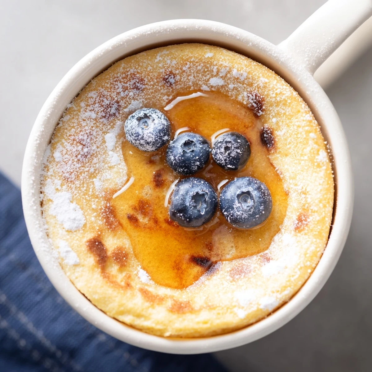 A close-up shot of a single serving microwave mug pancake, ready to eat with your favorite toppings.