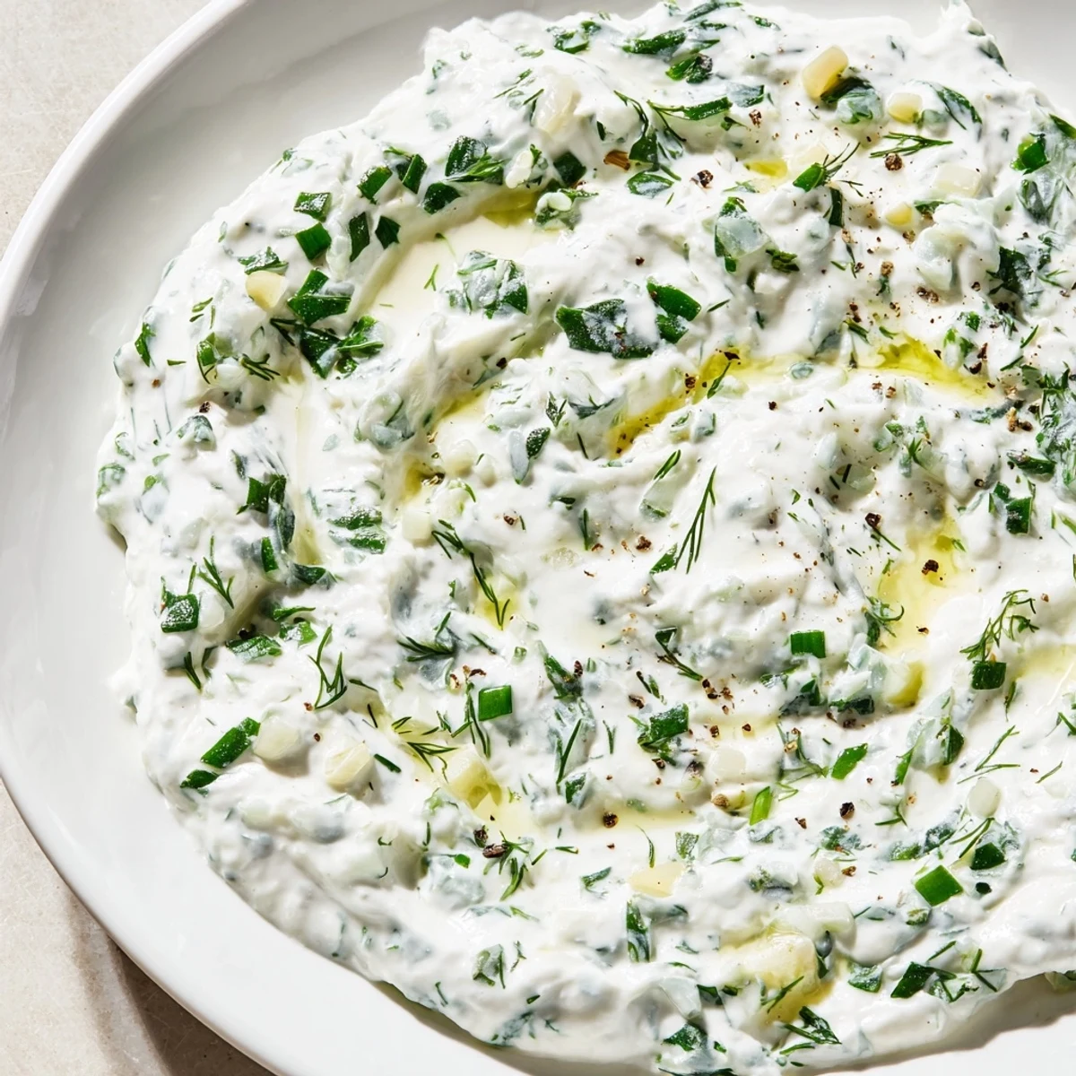 A creamy bowl of Greek Yogurt Herb Dip, speckled with fresh herbs, ready for dipping.