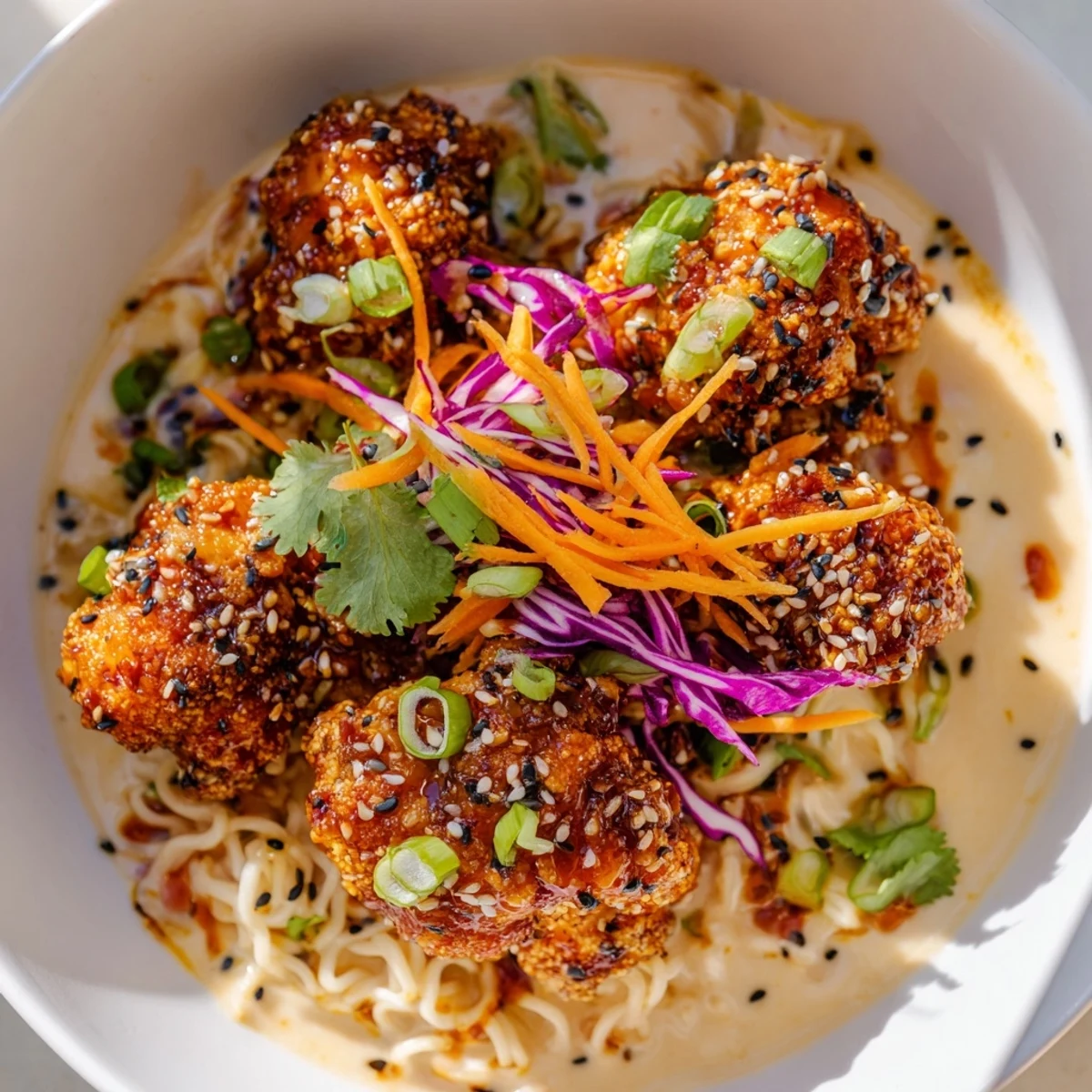Chaos Cooking Buffalo Cauliflower Ramen: Crispy, fiery cauliflower in a creamy, flavorful broth, ready to enjoy.