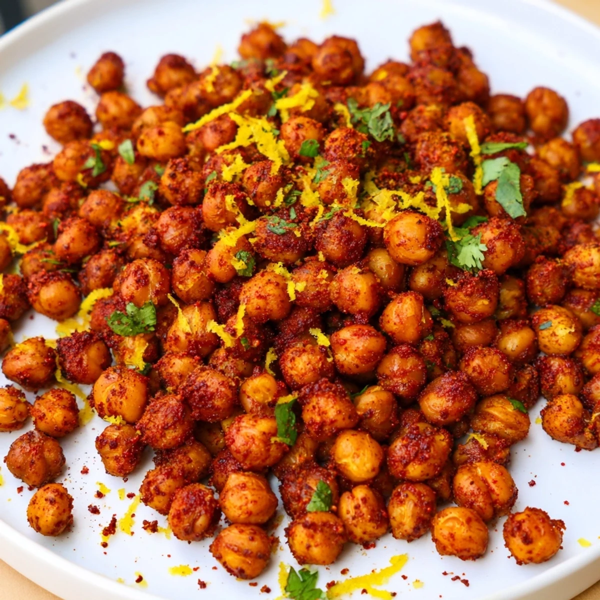 Golden and crispy Harissa Chickpea Roast, a flavorful vegan snack ready to be shared with friends.