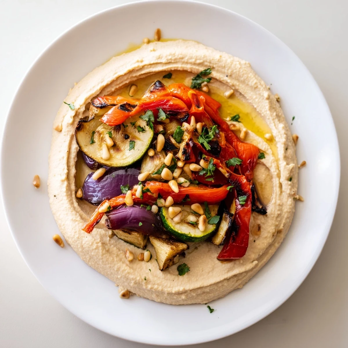 A colorful photo of the flavorful Hummus Roasted Veggies complete with charred vegetables and toasted nuts.