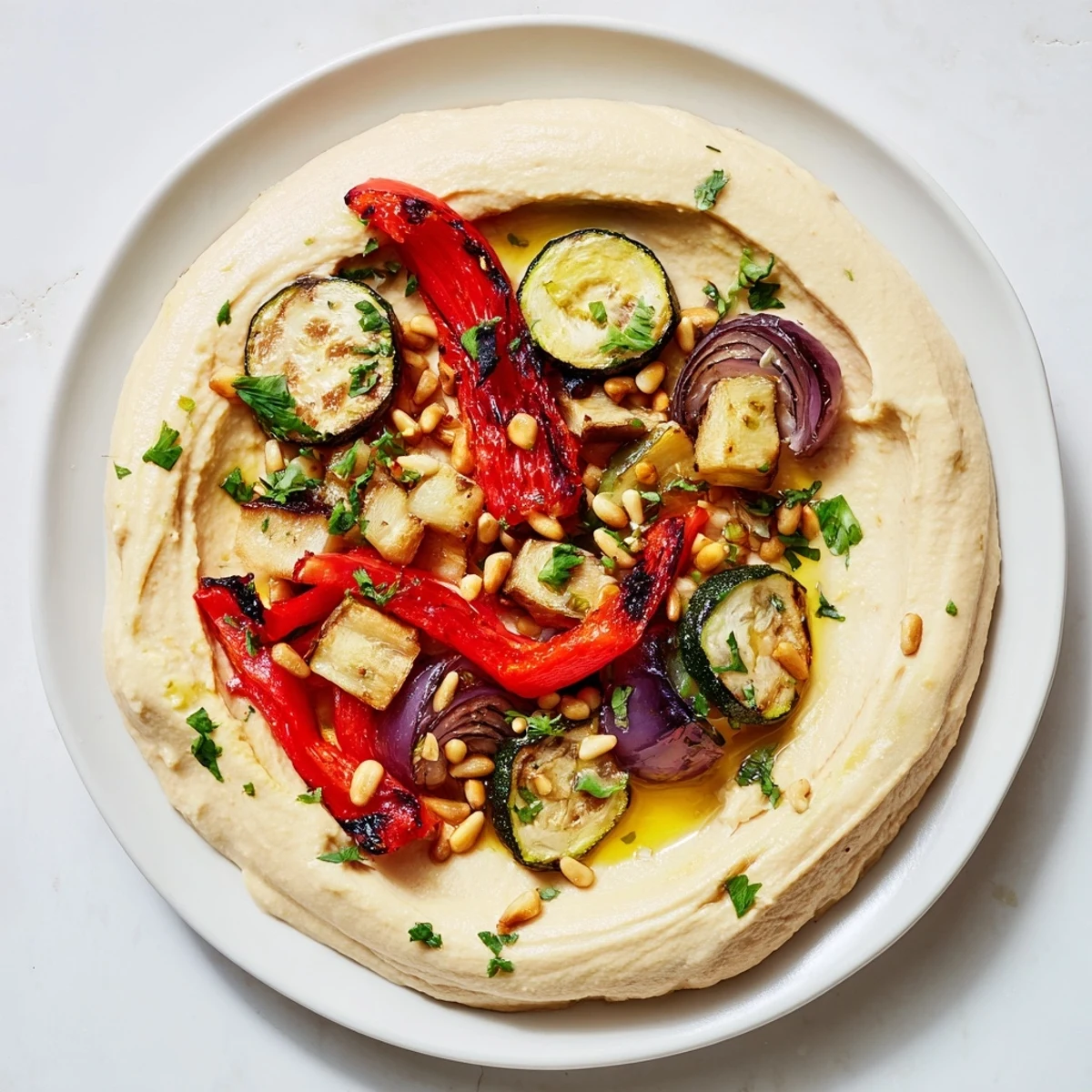 This image showcases the vibrant Hummus Roasted Veggies, perfect for dipping with warm pita bread.