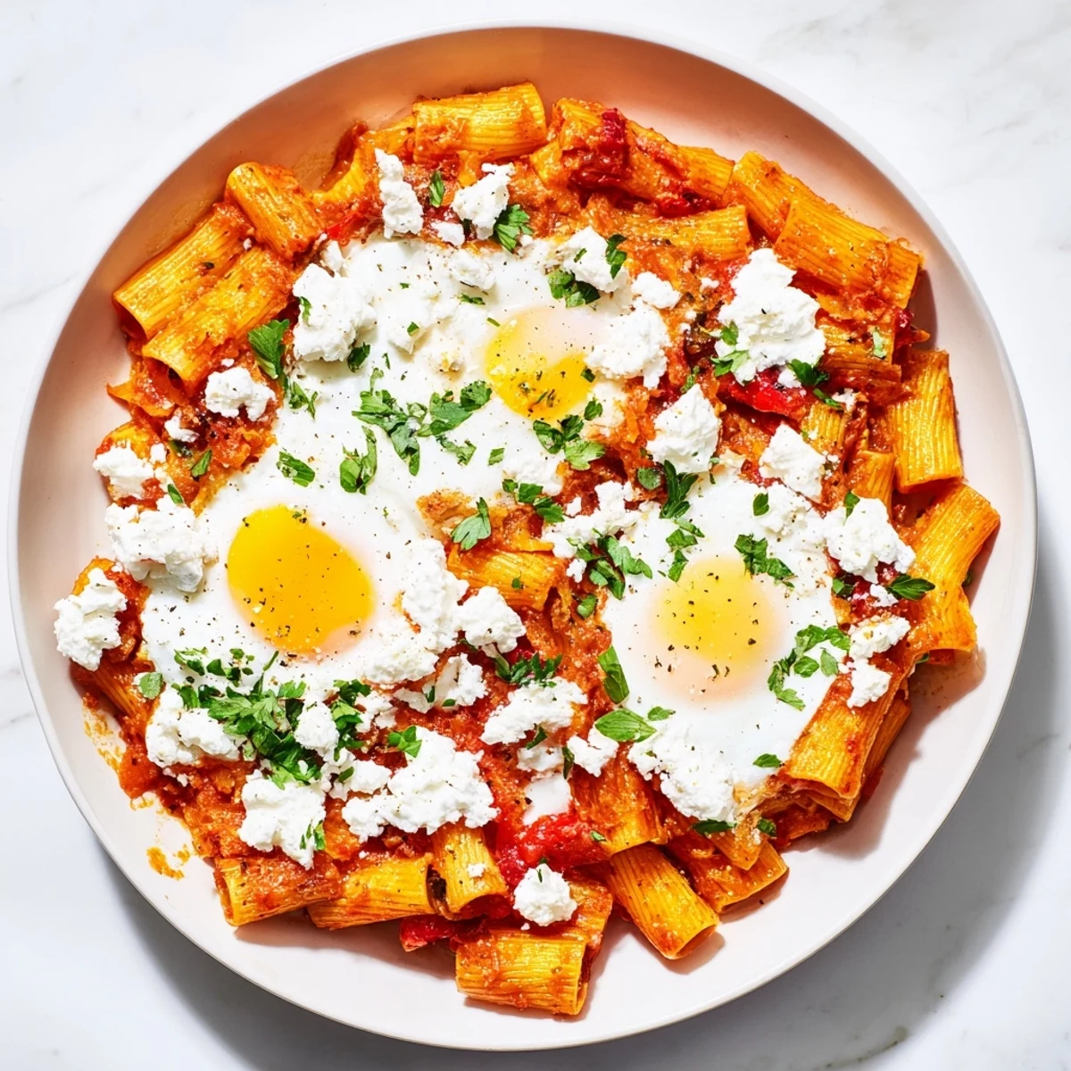 A skillet of Shakshuka Baked Pasta with rich tomato sauce and beautifully poached eggs.