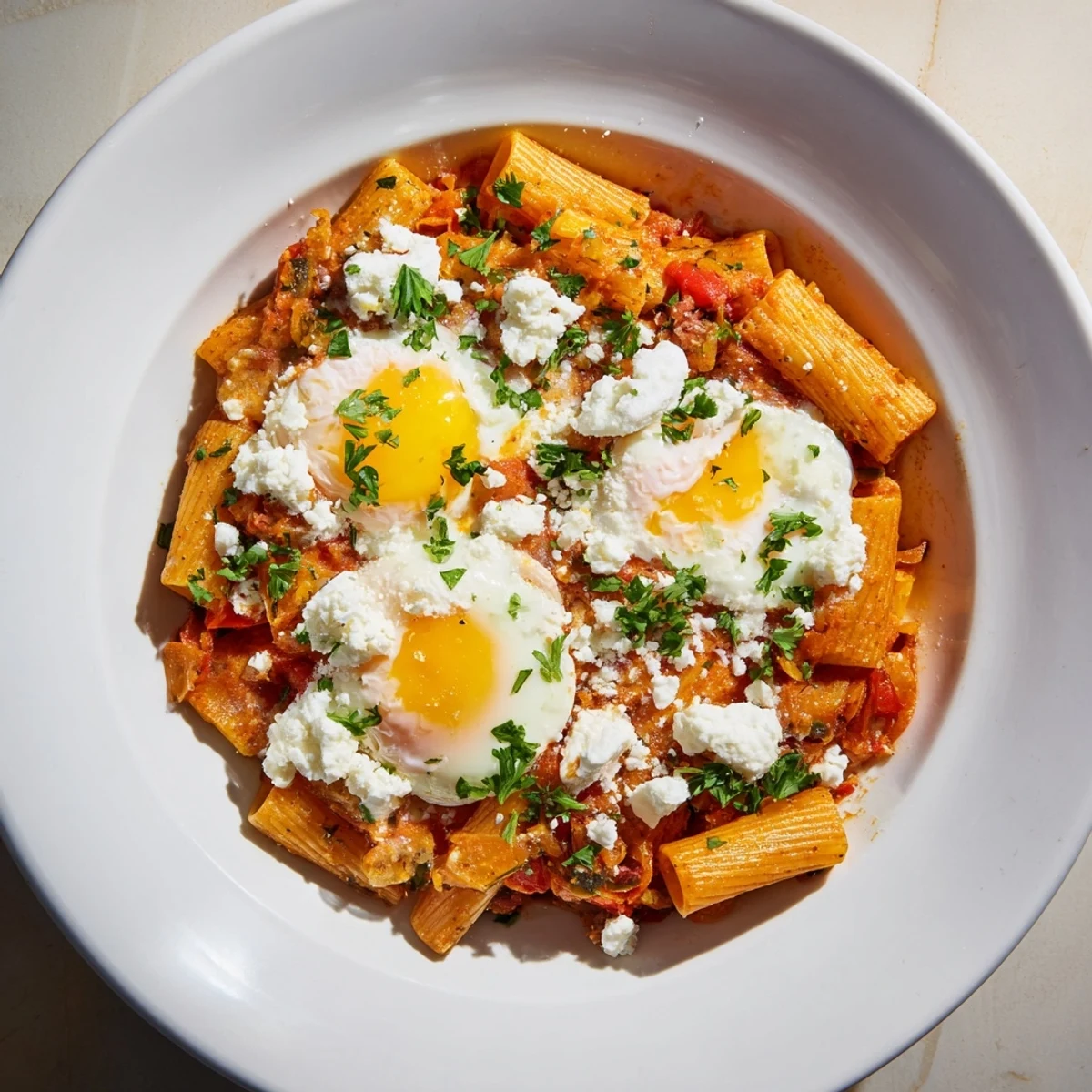 Warm, spicy Shakshuka Baked Pasta, a vibrant fusion of flavors with fresh herbs sprinkled on top.