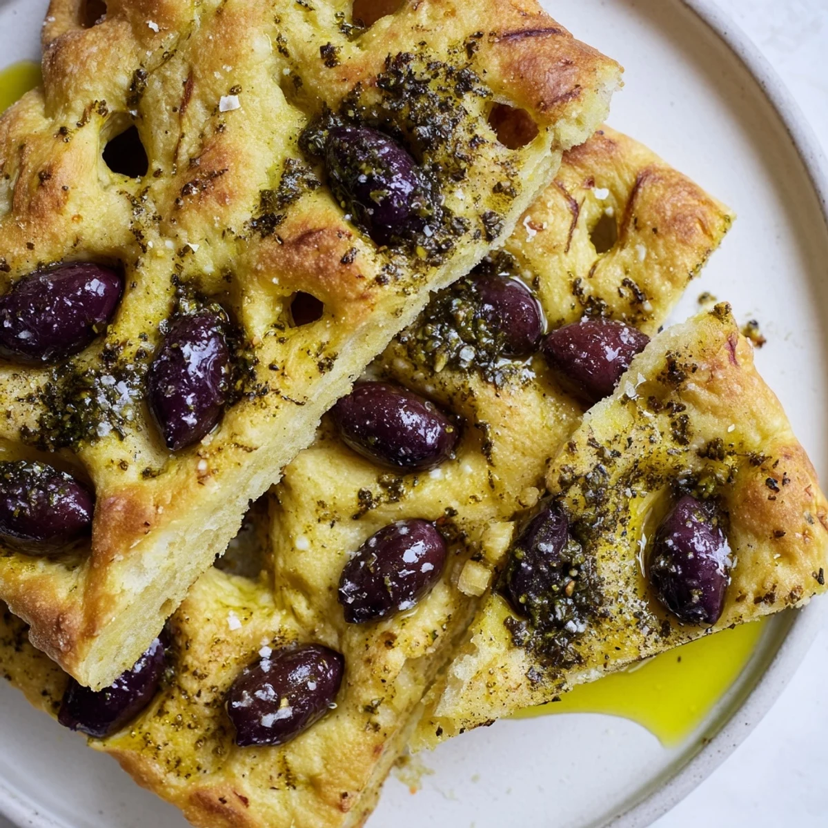 Close-up of baked Zaatar Olive Focaccia, with crispy edges, ready to enjoy as a flavorful appetizer.