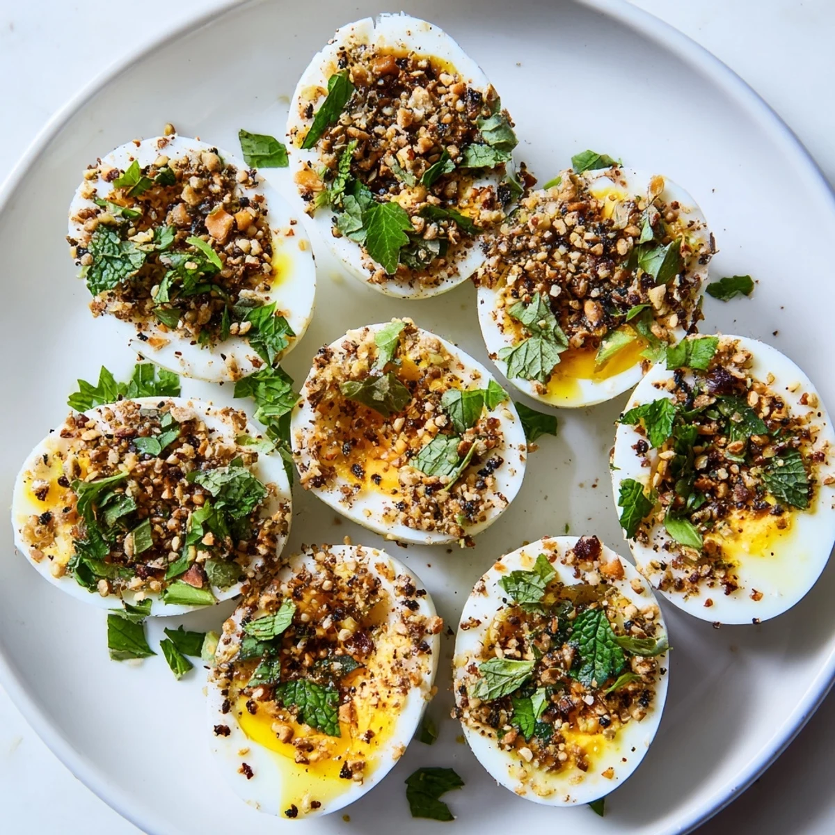 Plated Dukkah-Spiced Eggs: a savory breakfast dish with flavorful dukkah and fresh herbs.