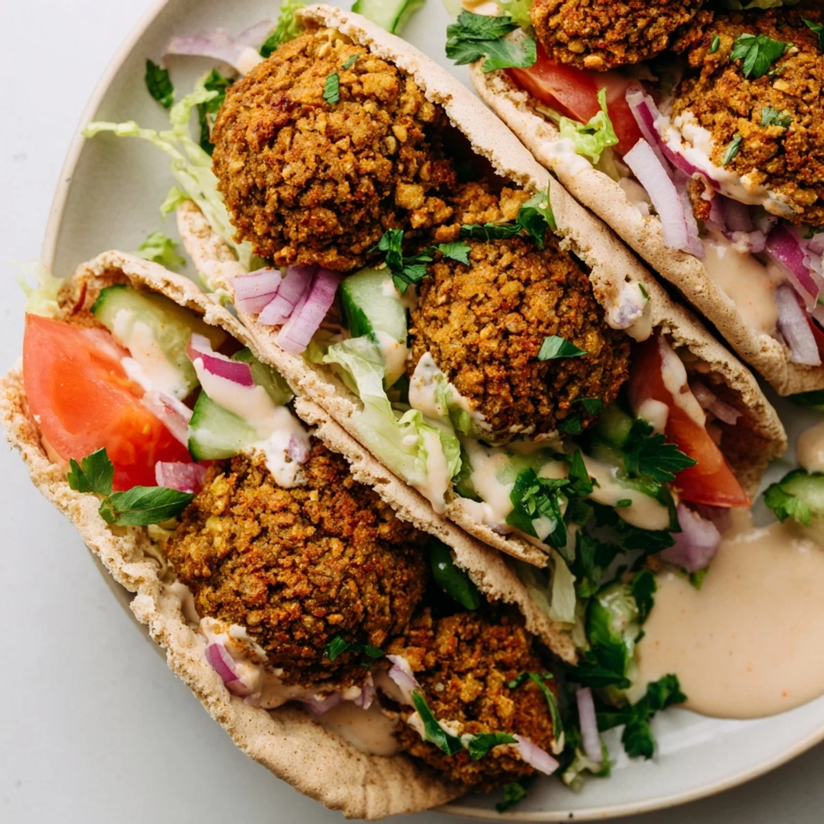 A close-up shot of crispy falafel pita pockets filled with fresh ingredients and tahini.