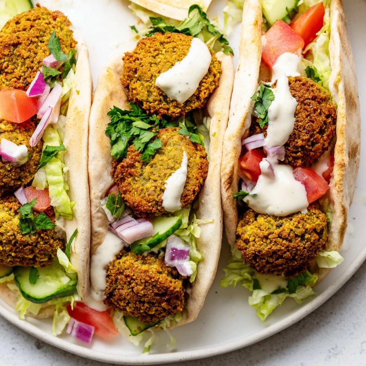 Visualize a delicious falafel pita pocket, complete with crunchy falafel and vibrant toppings.