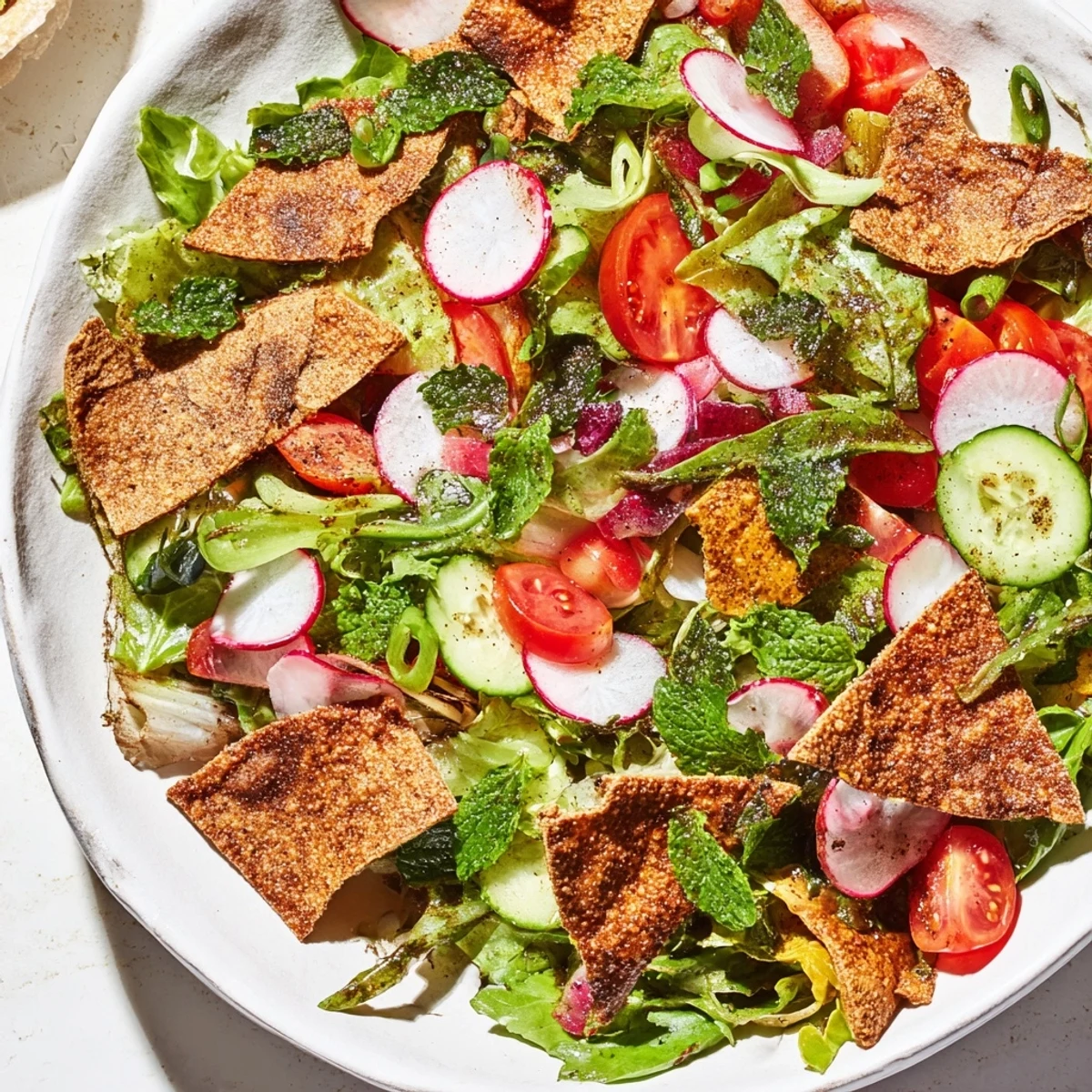 Vibrant Fattoush Crunch Salad with colorful fresh veggies and crunchy pita chips, drizzled in zesty dressing.