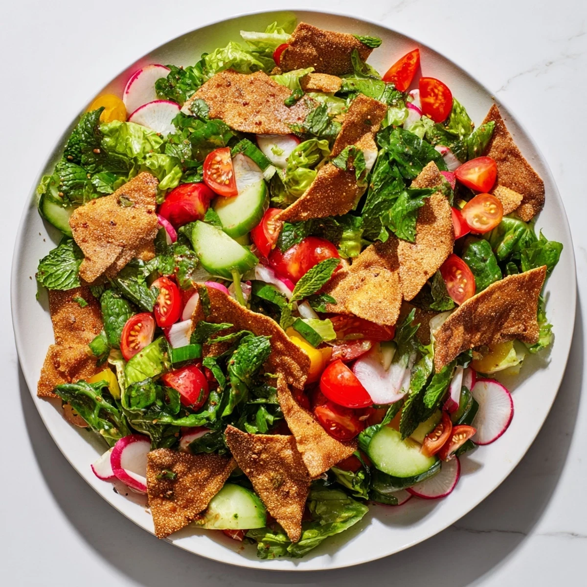 A delicious Fattoush Crunch Salad ready to eat, featuring bright greens, tomatoes and a flavorful lemony dressing.