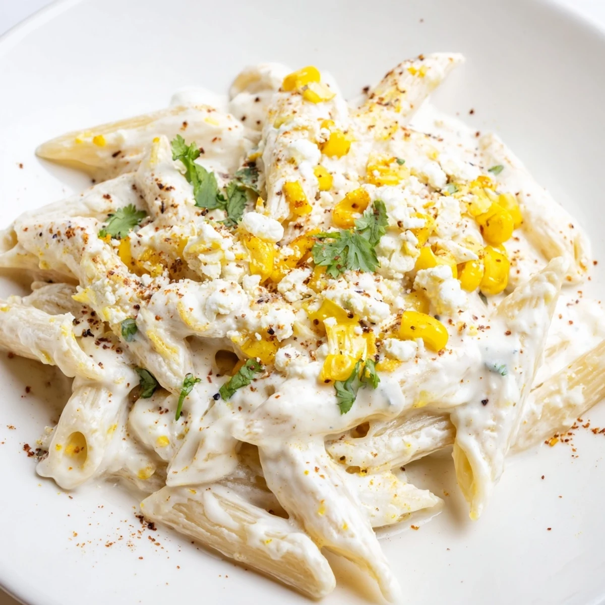 Creamy Mexican Street Corn Pasta with charred corn and crumbled cotija cheese, served hot.  