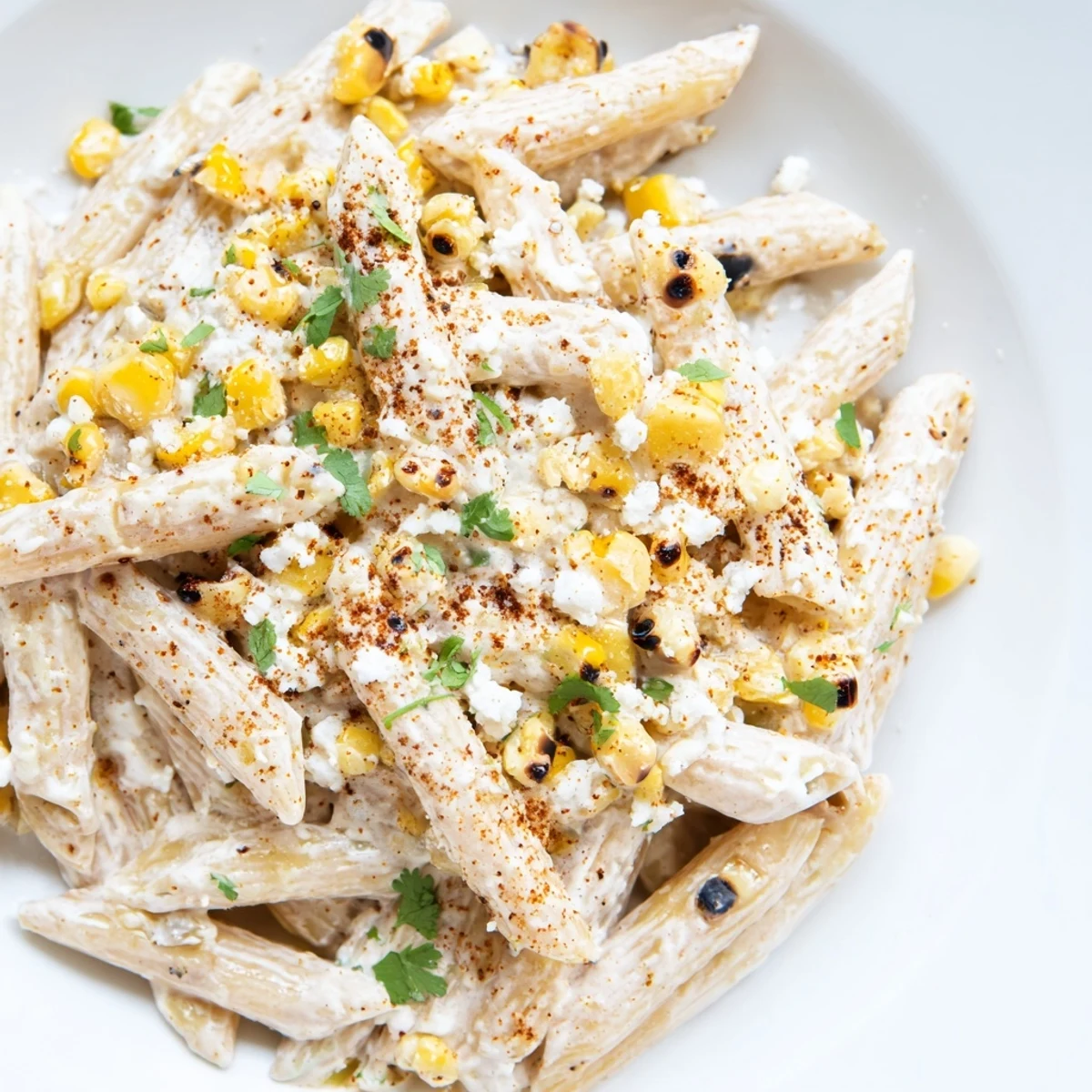 Vibrant Mexican Street Corn Pasta tossed with lime zest, cilantro, and spicy toppings.  