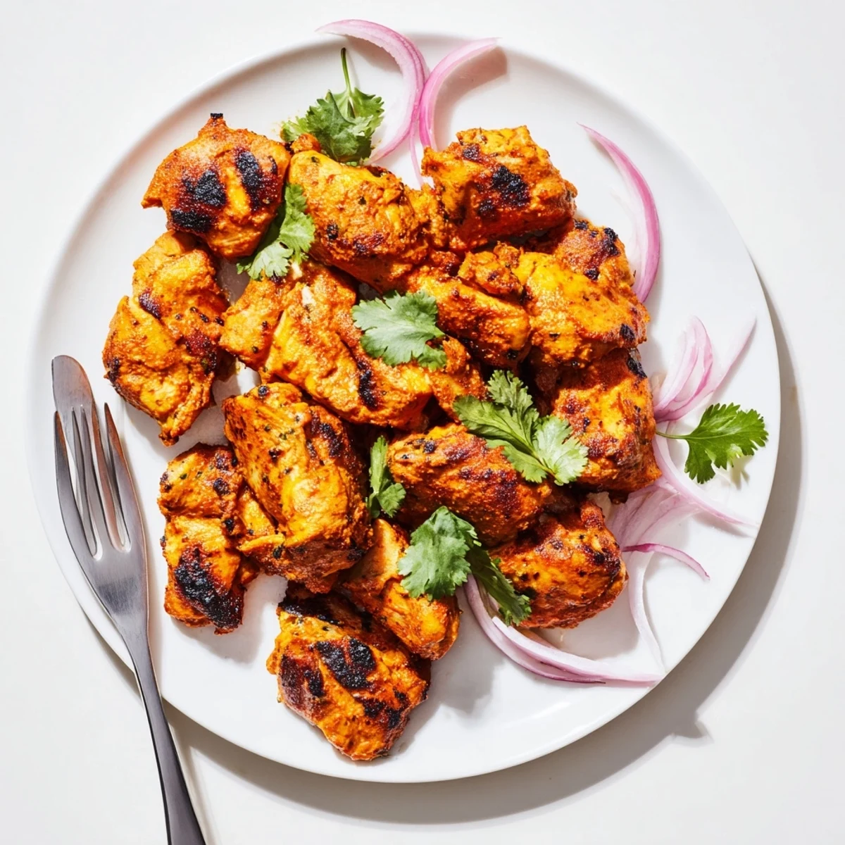 Golden-brown roasted Indian Tikka Spiced Chicken thighs with a crispy charred edge and vibrant red marinade.