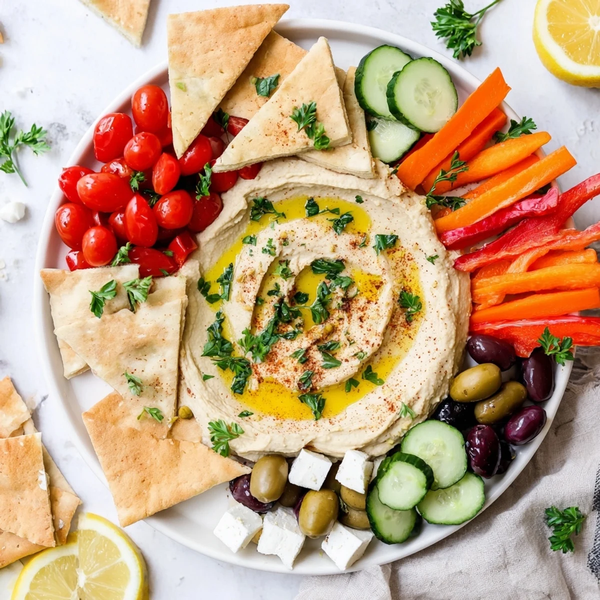 This shareable Middle Eastern Mezze Platter invites guests to dip warm pita into hummus while enjoying olives and fresh, crunchy vegetables.