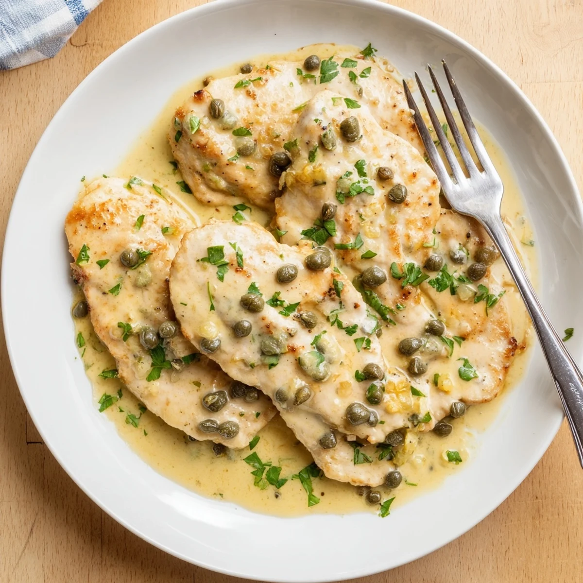 Tender chicken piccata served on a white plate, drizzled with a luscious cream sauce brightened by fresh lemon juice, parsley, and briny capers.  
