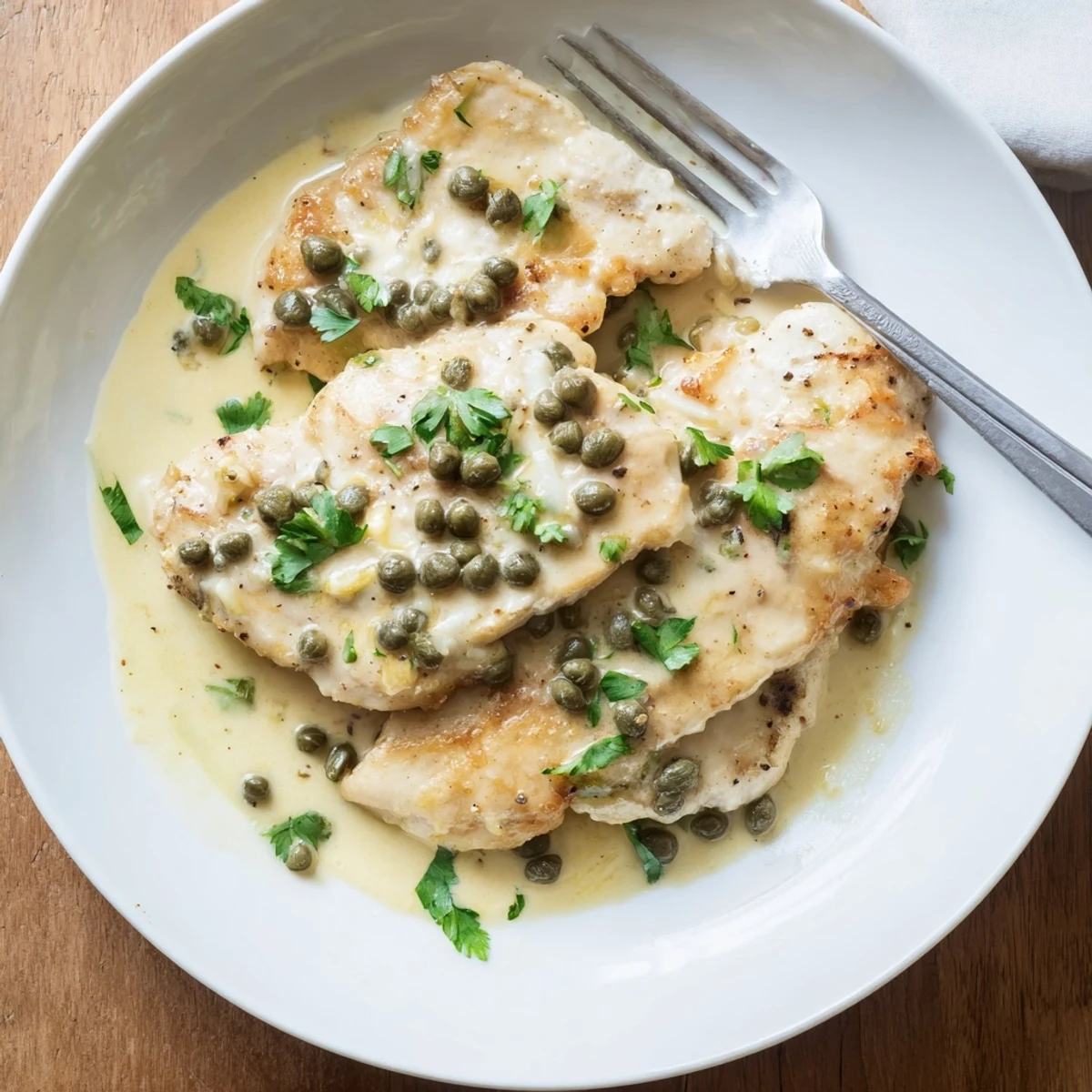 A close-up view of juicy chicken piccata nestled in a buttery lemon cream sauce, garnished with fresh parsley and served alongside pasta.