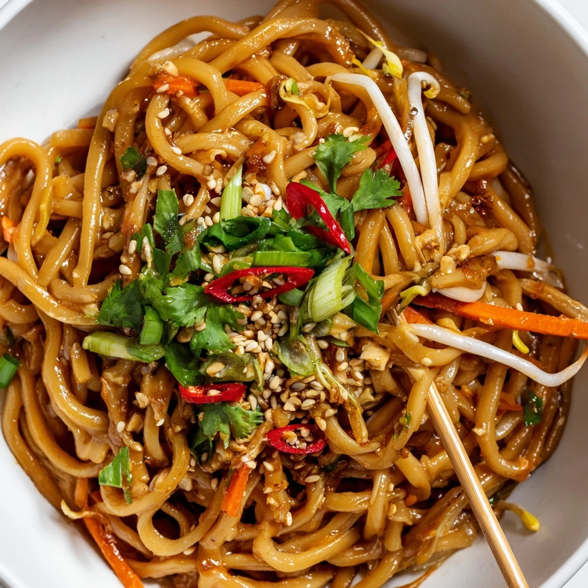 Savory Asian Garlic Noodle Bowl glistening with garlic-butter sauce, topped with green onions and sesame seeds.  