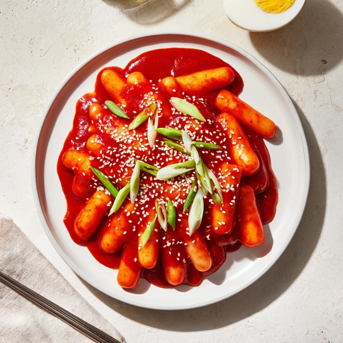 A close-up of Korean tteokbokki with glossy red gochujang sauce coating chewy rice cakes, garnished with sliced green onions and sesame seeds.