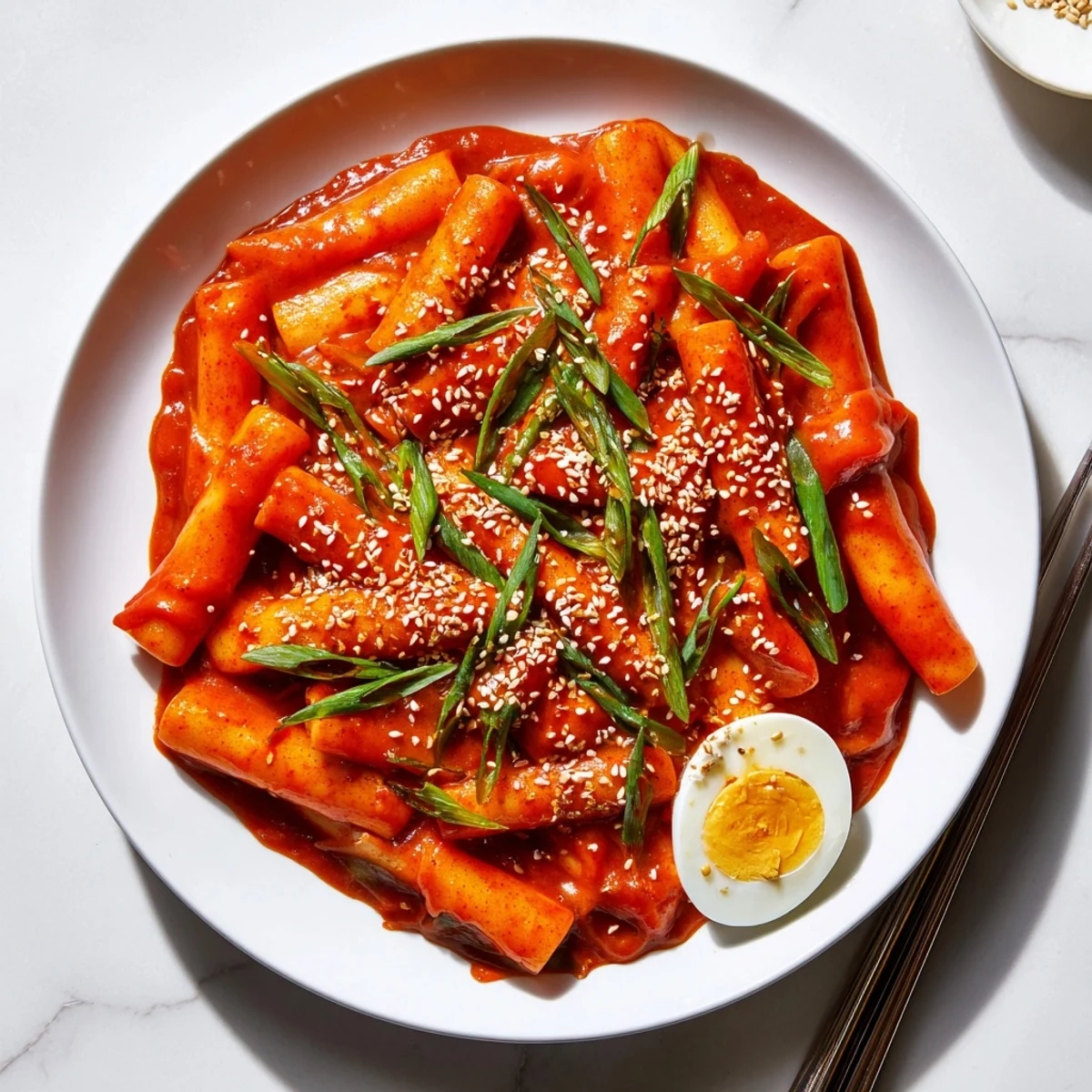 A steaming platter of Korean tteokbokki, featuring soft cylindrical rice cakes and sliced onions simmered in a vibrant red, spicy-sweet sauce.