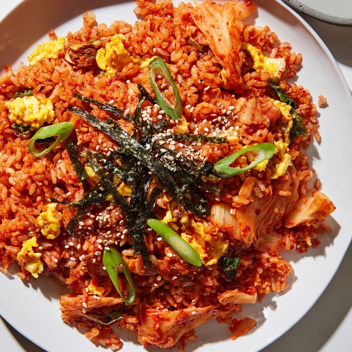 Hot, steaming spicy kimchi fried rice in a skillet, garnished with sesame seeds and green onions.