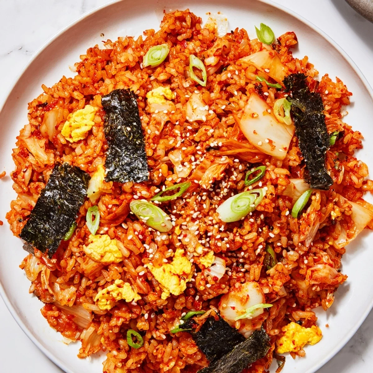 A close-up of spicy kimchi fried rice with fluffy grains, colorful veggies, and a sunny-side-up egg.