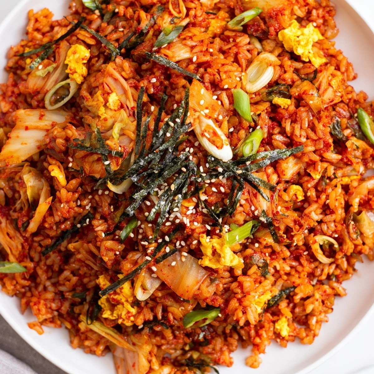 Spicy kimchi fried rice served in a bowl with roasted seaweed, sesame seeds, and a side of kimchi.