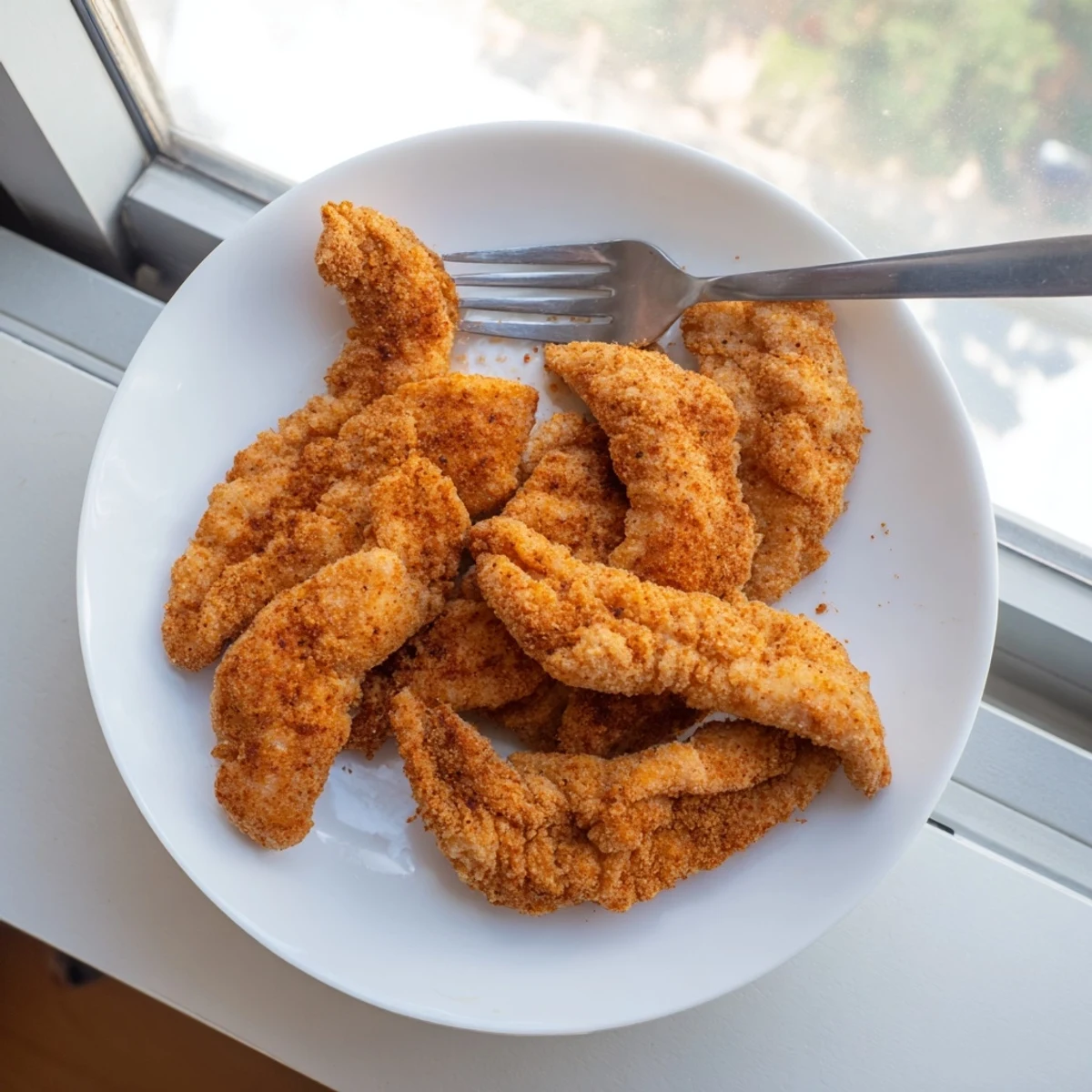 Golden-brown crispy fried chicken tenders coated in a seasoned flour crust, glistening on a paper towel-lined plate.