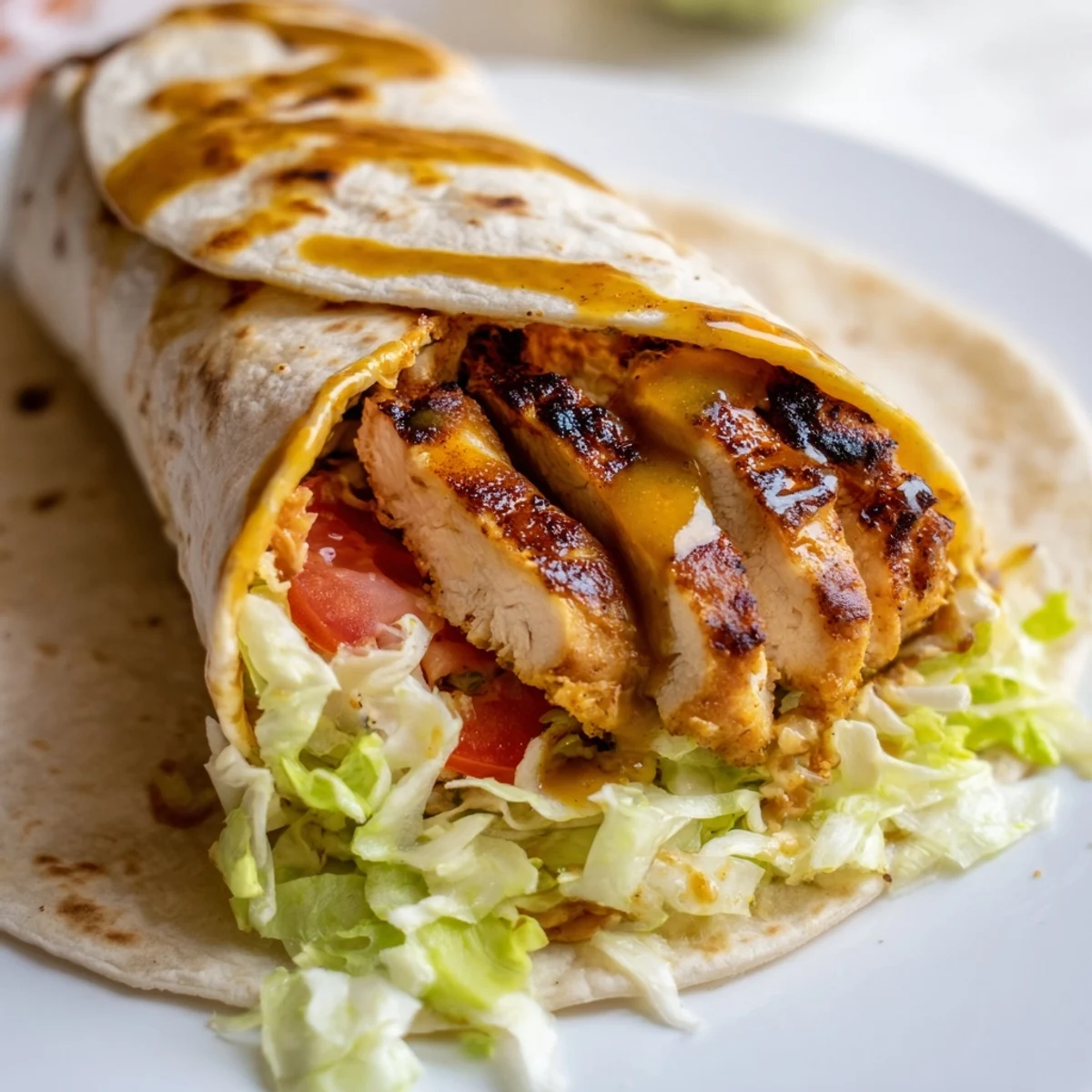 A delicious honey mustard chicken wrap served on a plate, ready to be enjoyed for a satisfying lunch.