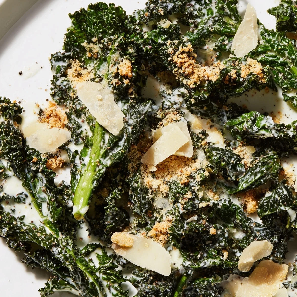 A freshly prepared Garlic Parmesan Kale Salad, served in a white bowl with shaved Parmesan and extra black pepper.  