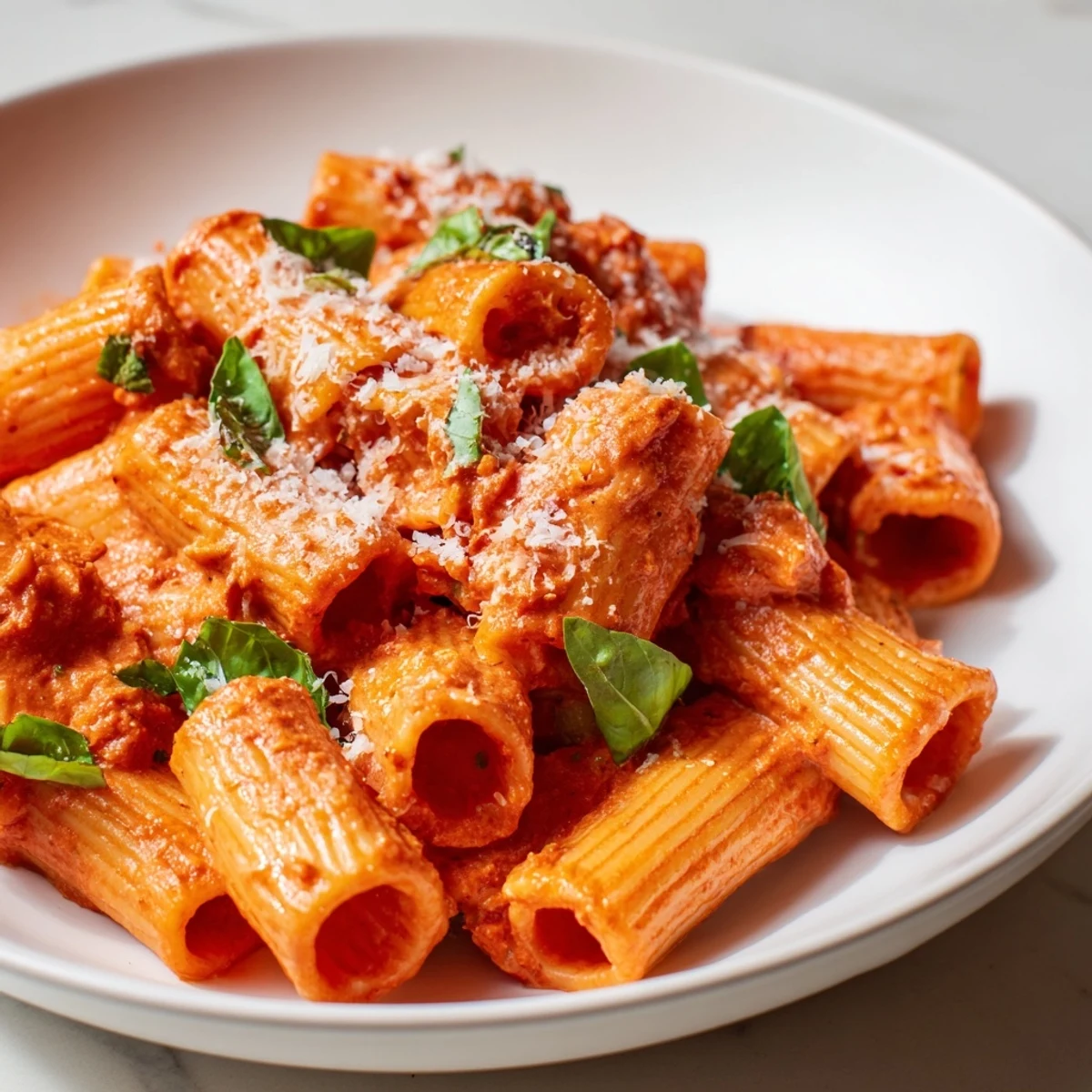 A rustic skillet of spicy rigatoni pasta garnished with basil, served alongside crusty bread.  