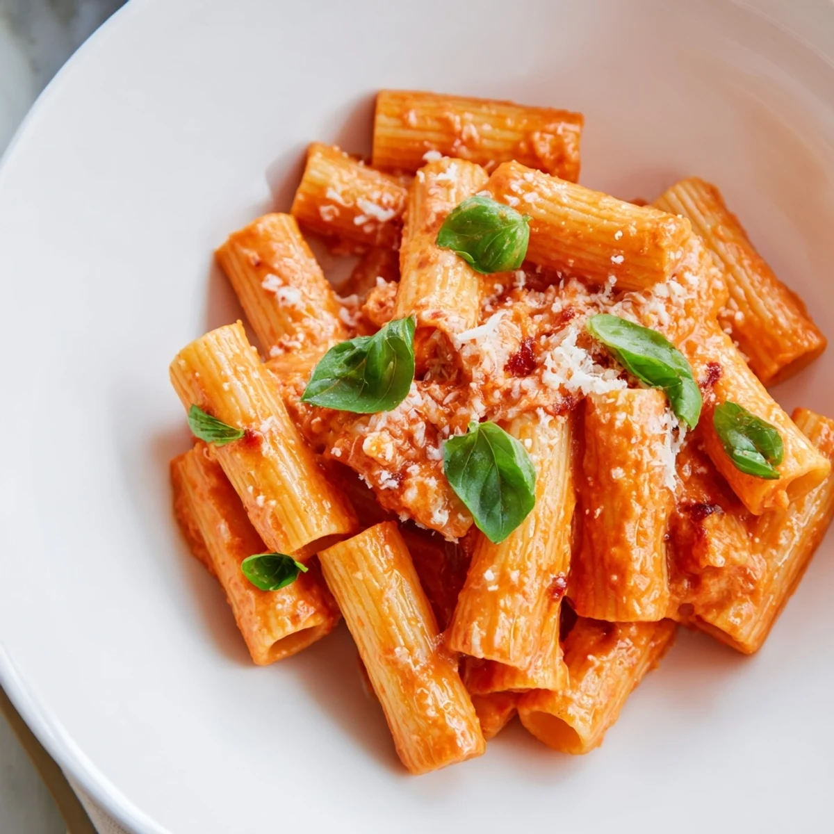 Saucy spicy rigatoni pasta in a white bowl, al dente tubes coated in a creamy, peppery red sauce.
