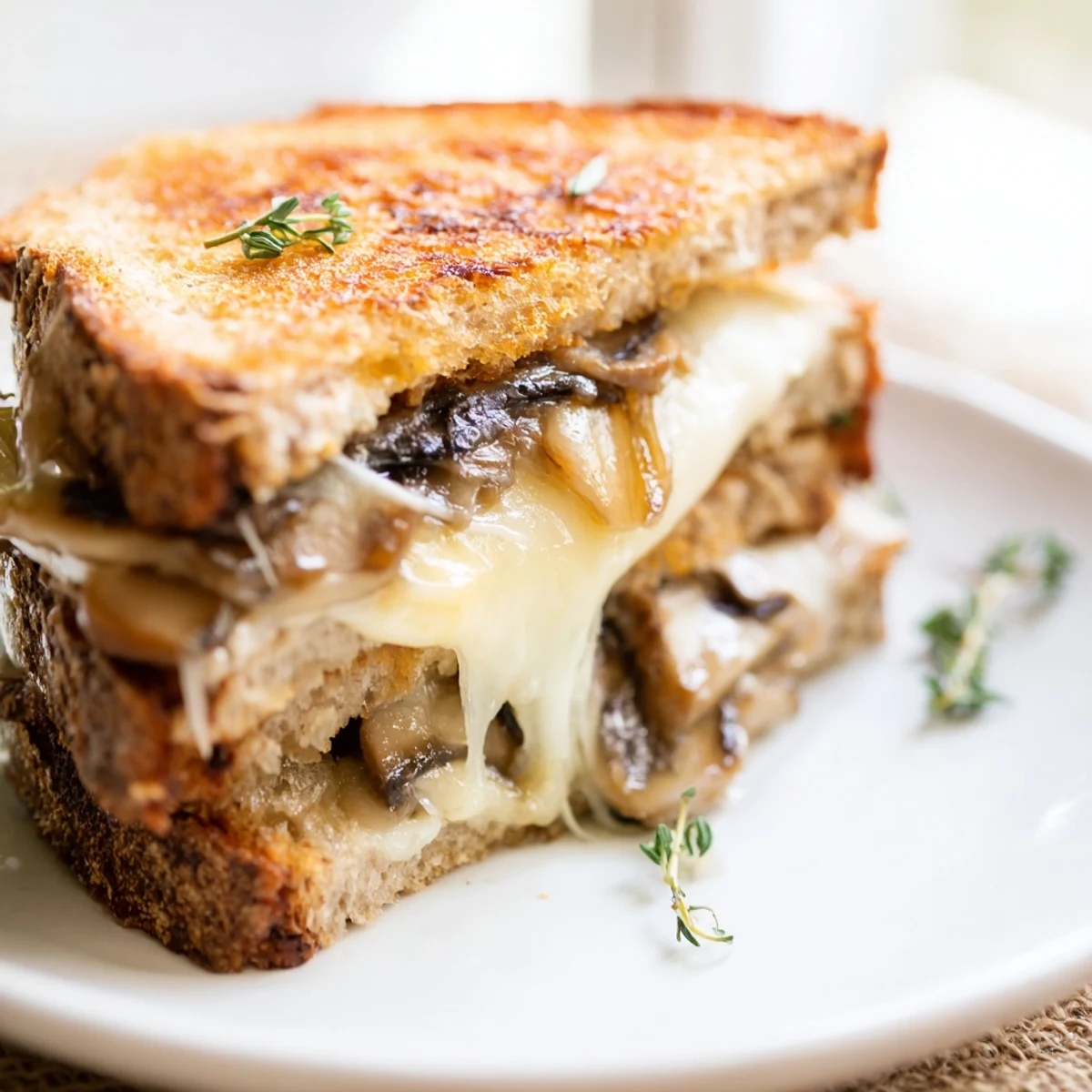 Golden toasted rye bread with melted Swiss cheese and sautéed mushrooms for a savory grilled cheese sandwich.  