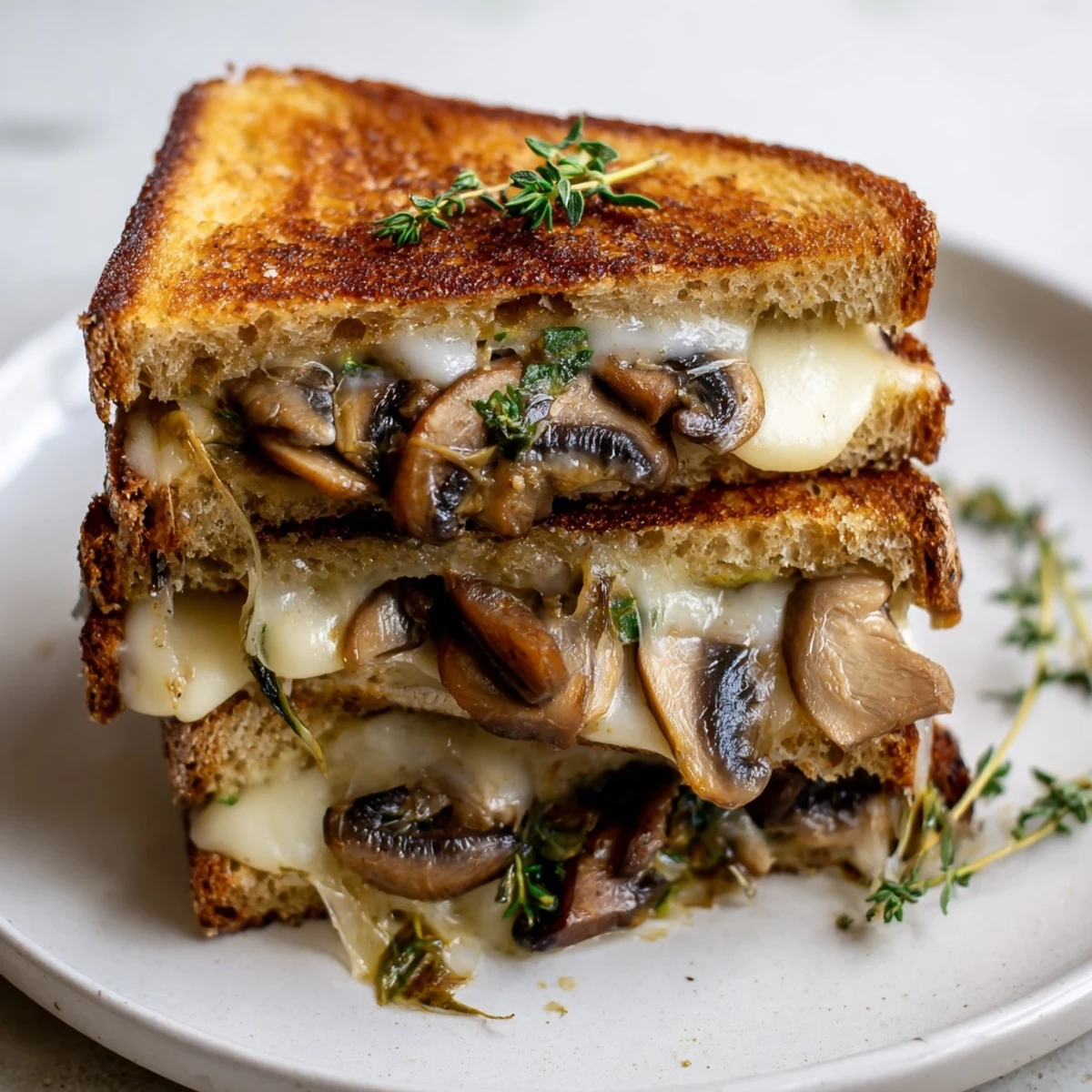 Perfectly melted Swiss cheese and earthy mushrooms piled high between crispy, golden rye bread slices.  