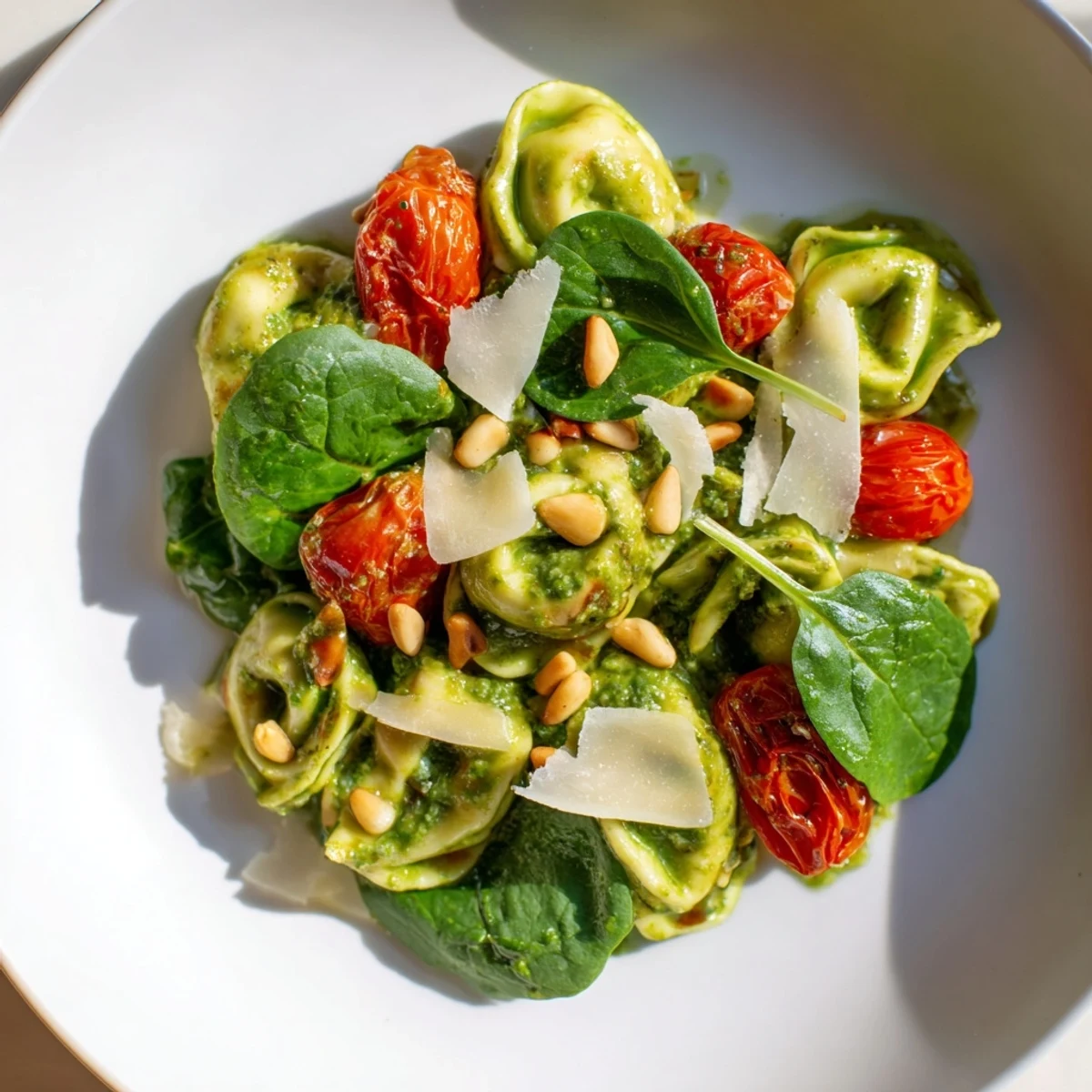 Freshly cooked cheese tortellini tossed with vibrant basil pesto, juicy cherry tomatoes, and baby spinach in Pesto Tortellini Salad.