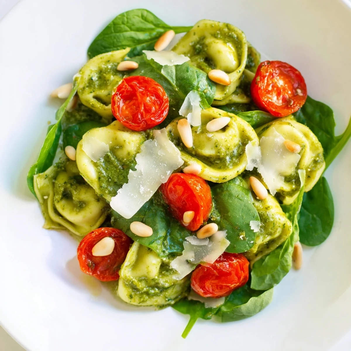 A colorful bowl of Pesto Tortellini Salad features al dente pasta, halved tomatoes, and toasted pine nuts for a summer picnic.