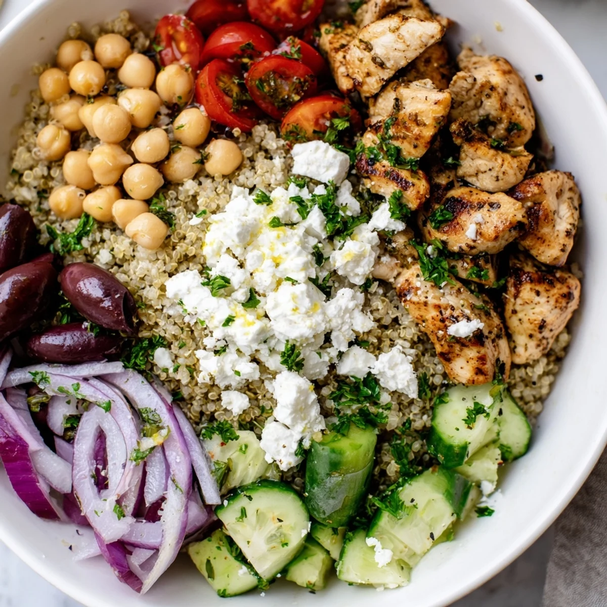 Colorful Mediterranean Chicken Bowl featuring golden chicken, crisp cucumbers, olives, tomatoes, and crumbled feta on a bed of quinoa.