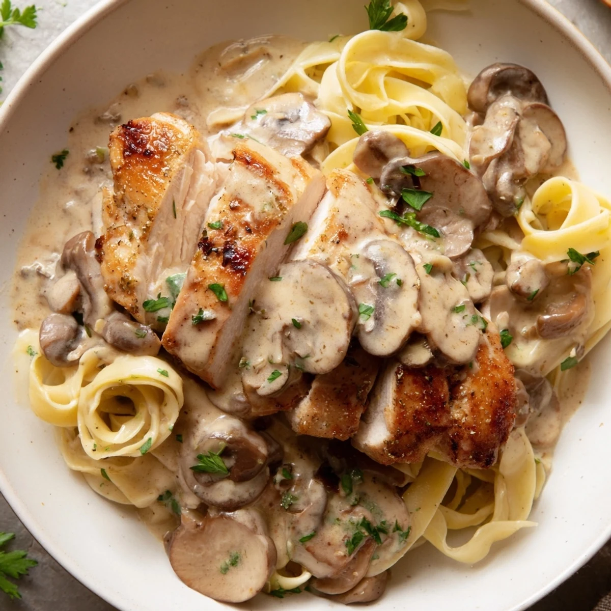 Tender pan-seared chicken breasts in a creamy Marsala mushroom sauce, served over fettuccine for a comforting Italian-inspired dinner.