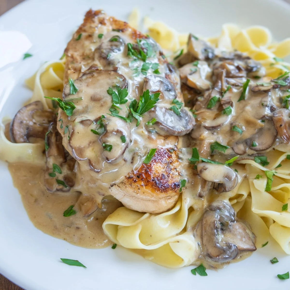 Creamy Chicken Marsala with savory mushrooms and wine sauce, garnished with fresh parsley and optional Parmesan, ready to serve over pasta.