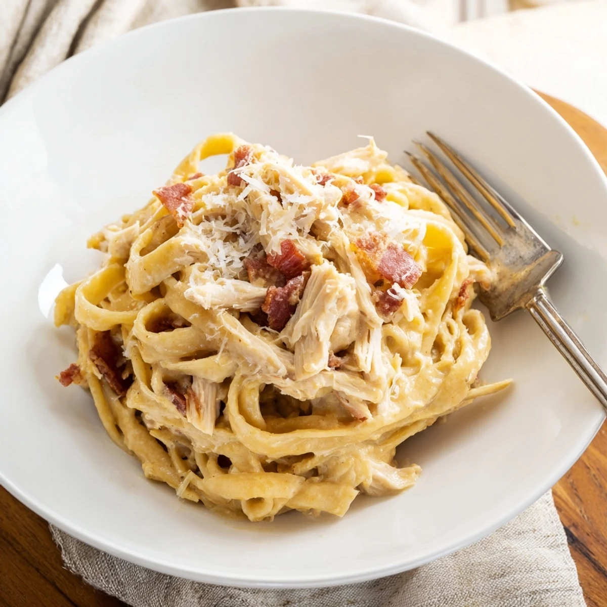 Steam rises from a skillet of Chicken Carbonara, topped with extra Parmesan and fresh chopped parsley garnish.