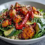 Forkful of a nutritious warm salad bowl featuring quinoa, wilted greens, roasted root vegetables, and crumbled feta cheese topped with pumpkin seeds.