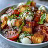 A rustic Caprese Salad Bowl on a platter featuring mozzarella, tomatoes, basil, and crispy toasted bread cubes.