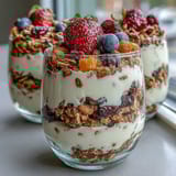 Colorful snack cups filled with creamy vanilla yogurt, mixed fresh fruit, and granola, perfect for energizing young athletes during halftime.