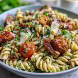 Summer pasta salad with pesto and cherry tomatoes, vibrant and refreshing, perfect for picnics and light lunches.  