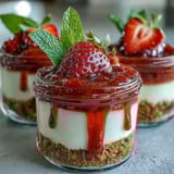 Gorgeous individual jars of strawberry cheesecake with graham cracker base and vibrant red fruit topping.