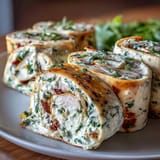 Bite-sized turkey, cheese, and spinach pinwheels rolled in soft tortillas, ideal for snacks or appetizers.