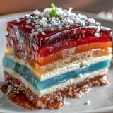 Showcasing glossy, colorful agar-agar layers crowned with creamy coconut for a refreshing treat.