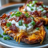 Twice-baked sweet potato skins filled with sharp cheddar, crumbled bacon, and fresh green onions.  
