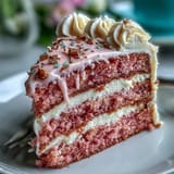 Delicate rosé velvet cake with luscious cream cheese frosting and shimmering gold accents.
