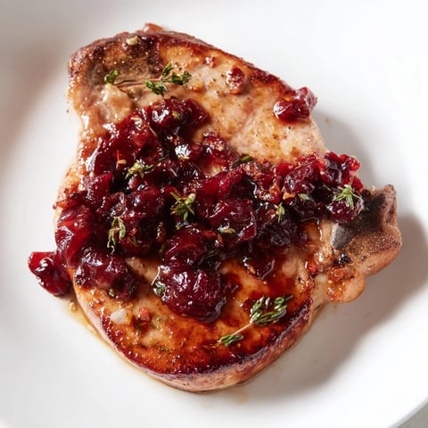 Golden-brown Cherry-Date Glazed Pork Chops, glistening with a rich, caramelized fruit sauce, ready to eat.